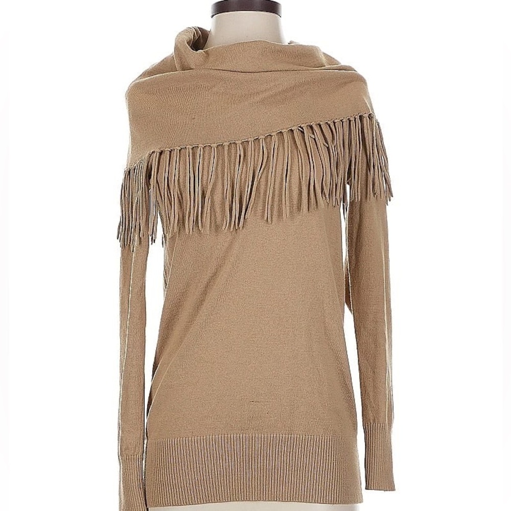 Michael Kors Camel Fringe Sweater with Gold Detail